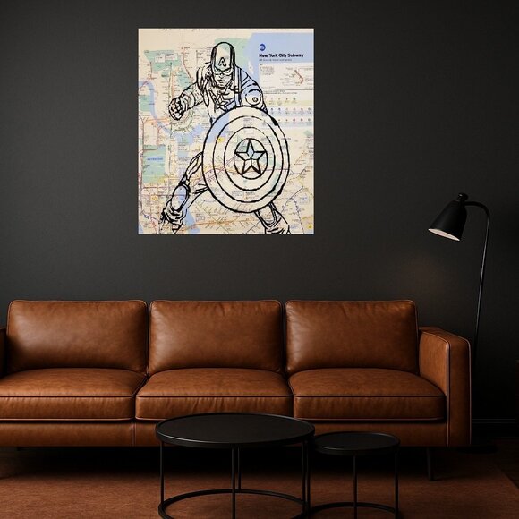 Handpainted Marvel Captain America Art on NYC Subway Map Rare Original Artwork - Picture 4 of 11
